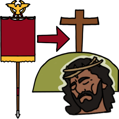 a vexillum, a military standard of the Roman Empire, with a dark red arrow pointing from it to a green mound with a large brown cross on it. Below and in front of the mound is the head of Jesus, who is shown as a man with brown skin, black beard and wavy-curly hair, closed eyes, a pained expression, and a crown of thorns.